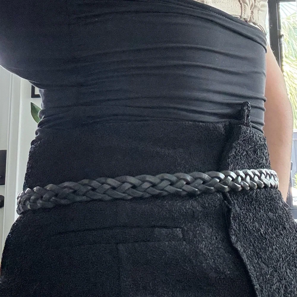 Chico’s Braided Black Leather Belt with Silver Tone Buckle